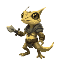 small gecko with weapons and armor made of insects.