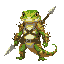 small gecko with weapons and armor made of insects.