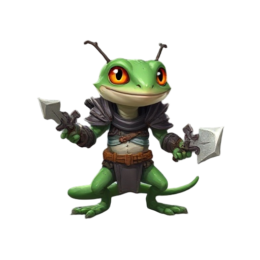 small gecko with weapons and armor made of insects.