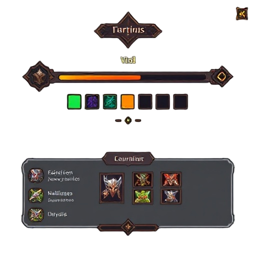 assunto: crie uma interface de usuário (hud) para um jogo de ação rpg (arpg) de fantasia sombria, focada na barra de vida e habilidades na parte inferior da tela. layout e composição: o foco principal