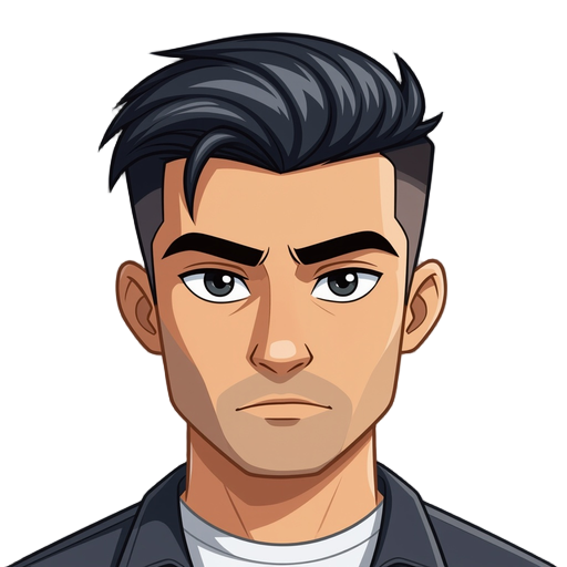 male human with a fade. he has a black slick back hair. has a serious look. 