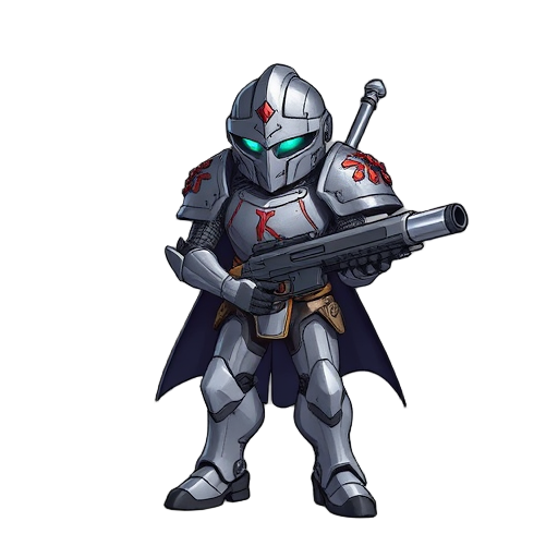 a mecha knight with a shild and a laser rifle