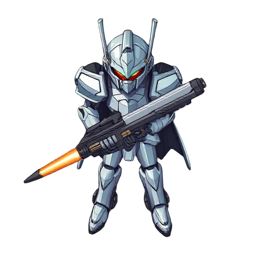a mecha knight with a shild and a laser rifle
