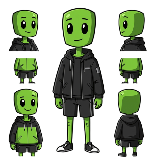 dark green stick man, wearing a black jacket and black shorts