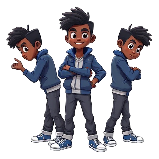 personaje de pelo negro pantalón negro chaqueta azul y un tapabocas negro haciendo una poses de canto hacia arriba, hacía abajo, hacia la izquierday hacia la derecha 
