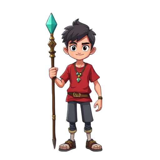 character wearing red shirt and holding a stick like staff, wearing necklace with 4 different color diamonds.