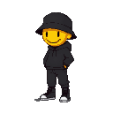 an 8-bit pixel art character sheet featuring a minimalist streetwear character with a perfectly round yellow smiley face, a black bucket hat, a black hoodie, simple black pants, and high-top sneakers.