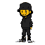 an 8-bit pixel art character sheet featuring a minimalist streetwear character with a perfectly round yellow smiley face, a black bucket hat, a black hoodie, simple black pants, and high-top sneakers.