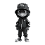 streetwear character with a smiley face mask, a bucket hat, and a black and gray tracksuit with white stripes.