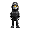 streetwear character with a smiley face mask, a bucket hat, and a black and gray tracksuit with white stripes.