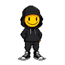 an 8-bit pixel art character sheet featuring a minimalist streetwear character with a perfectly round yellow smiley face, a black bucket hat, a black hoodie, simple black pants, and high-top sneakers.