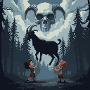 children playing with a black goat standing on two legs in a dark forest. in the sky, clouds form a human skull. 