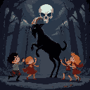 children dancing with a black goat, the goat standing on two legs. in the middle of a dark forest where the clouds subtly form a skull. 