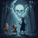 children dancing with a black goat, the goat standing on two legs. in the middle of a dark forest where the clouds subtly form a skull. 