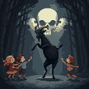 children dancing with a black goat, the goat standing on two legs. in the middle of a dark forest where the clouds subtly form a skull. 