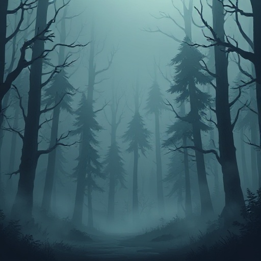 a dark forest with fog 