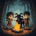 children holding hands with a black goat, as if they were playing in the middle of the forest around a campfire, the children with a disturbing look 