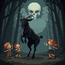 children dancing with a black goat, the goat standing on two legs. in the middle of a dark forest where the clouds subtly form a skull. 