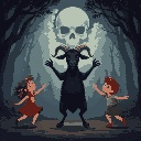 children dancing with a black goat, the goat standing on two legs. in the middle of a dark forest where the clouds subtly form a skull. 