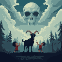 children playing with a black goat standing on two legs in a dark forest. in the sky, clouds form a human skull. 