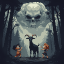 children playing with a black goat standing on two legs in a dark forest. in the sky, clouds form a human skull. 