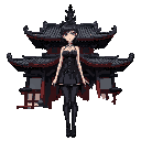 a gothic asian woman standing in front of an ancient japanese shrine. she wears black tights, a short skirt, a corset, and a sleeveless top. her hair is styled like a traditional geisha, and her eyes are bright blue. the artwork should be in anime-style, 