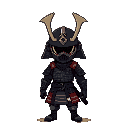 pixelart depiction of a samurai wearing a black motorcycle helmet. the samurai is dressed in traditional armor, not chibi