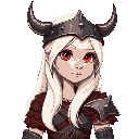 una valquiria, mujer de piel albina clara, con pelo blanco largo recogido en una cola de caballo alta. sus ojos son de un color rojo vibrante. viste una armadura de estilo vikingo: hombreras de pelaje grisáceo, una coraza oscura de cuero y metal con detal