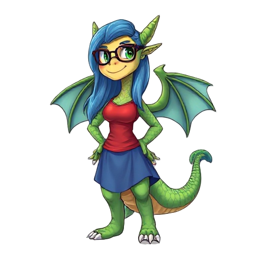 female anthro dragon, green scales, long blue hair, glasses, red tank top, blue skirt, full body, standing pose, confident expression, large wings folded back, detailed scales, soft shading, cartoon s