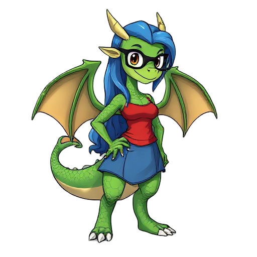 female anthro dragon, green scales, long blue hair, glasses, red tank top, blue skirt, full body, standing pose, confident, large wings folded, cartoon style, soft shading, clean lineart