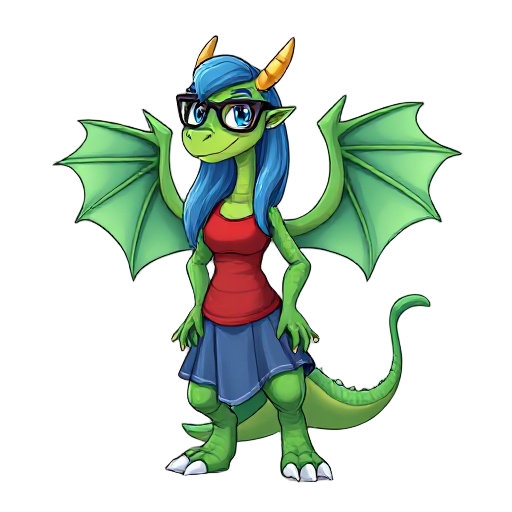 female anthro dragon, green scales, long blue hair, glasses, red tank top, blue skirt, full body, standing pose, confident, large wings folded, cartoon style, soft shading, clean lineart