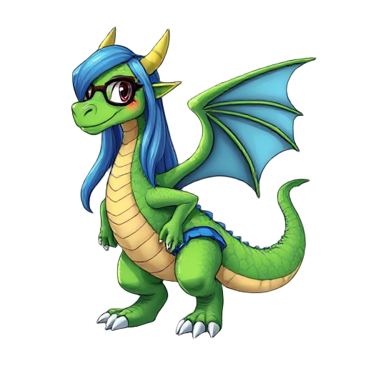 female anthro dragon, green scales, long blue hair, glasses, red tank top, blue skirt, full body, standing pose, confident expression, large wings folded back, detailed scales, soft shading, cartoon s