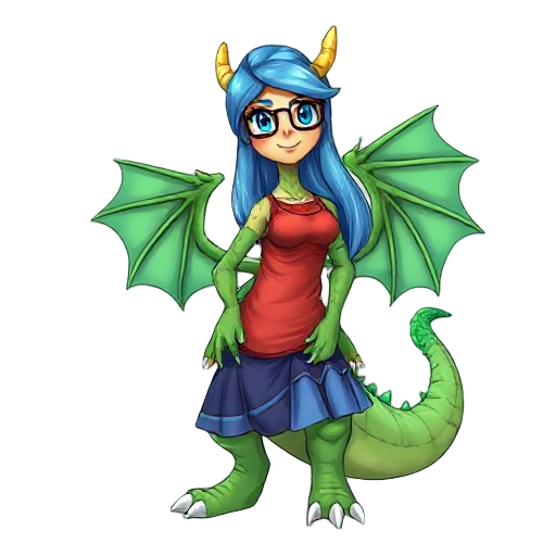 female anthro dragon, green scales, long blue hair, glasses, red tank top, blue skirt, full body, standing pose, confident expression, large wings folded back, detailed scales, soft shading, cartoon s