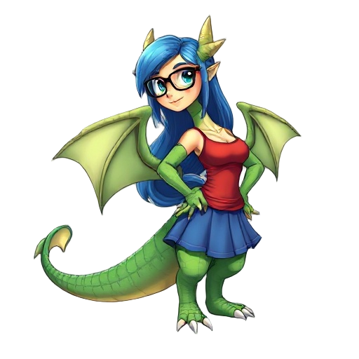female anthro dragon, green scales, long blue hair, glasses, red tank top, blue skirt, full body, standing pose, confident expression, large wings folded back, detailed scales, soft shading, cartoon s