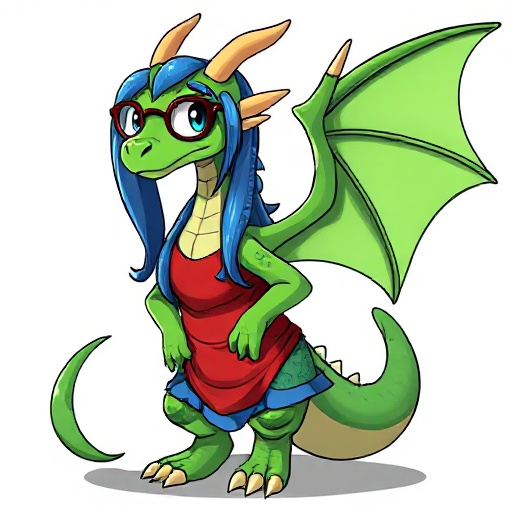 female anthro dragon, green scales, long blue hair, glasses, red tank top, blue skirt, full body, standing pose, confident, large wings folded, cartoon style, soft shading, clean lineart