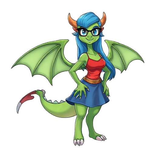 female anthro dragon, green scales, long blue hair, glasses, red tank top, blue skirt, full body, standing pose, confident, large wings folded, cartoon style, soft shading, clean lineart