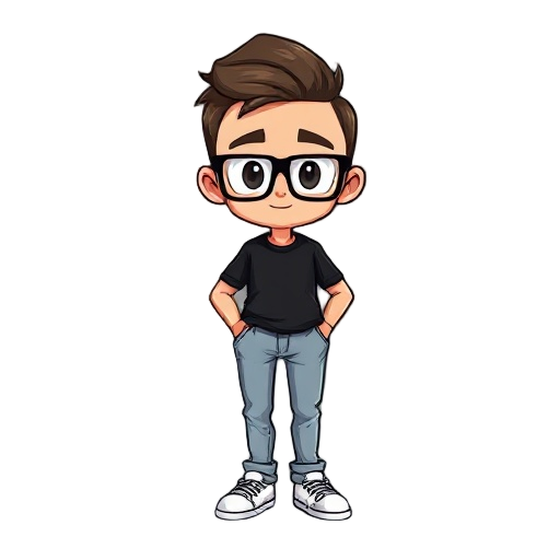 guy, average built, square glasses, short hair with its sides faded, wearing black shirt, light-denim pants and white sneakers 