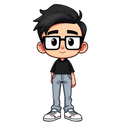 guy, average built, square glasses, short black hair with its sides faded, wearing black shirt, light-denim pants and white sneakers 