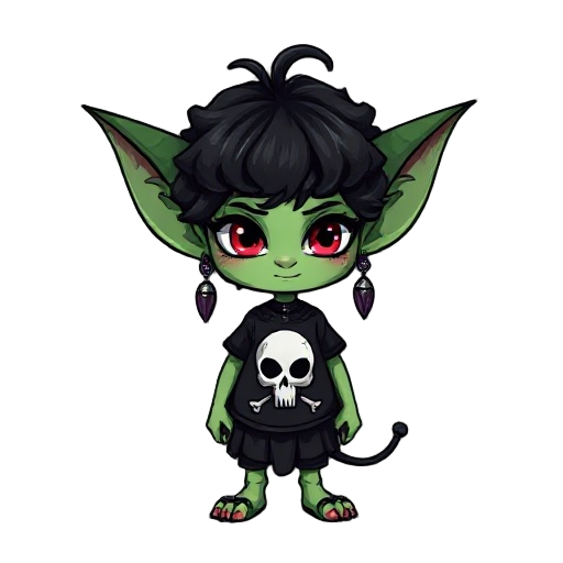 an adorable non-binary goth goblin with black curly hair, large pointy ears, green skin, red eyes, with a skull on their tshirt, lots of earrings
