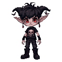 an adorable nonbinary goth goblin. the goblin will have poofy and curly black hair, a skull tshirt, red eyes, dark jeans, big boots, many earrings