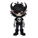 an adorable non-binary goth goblin. the goblin will have poofy and curly black hair, a skull tshirt, red eyes, dark jeans, big boot and piercings