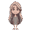  serene and empathetic woman in her late 30s to early 40s, with expressive, slightly melancholic eyes (soft blue-gray or olive-green) and a gentle face. she has long, neutral-toned hair, often loosely