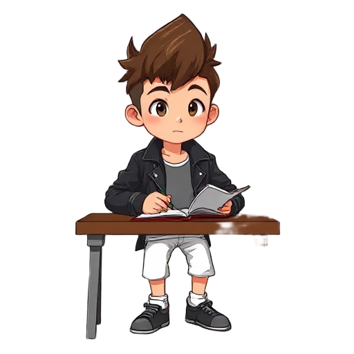 asian boy with brown hair mullet, wearing white thirt, leather jacket, sitting at table studying, flicking through pages and writing