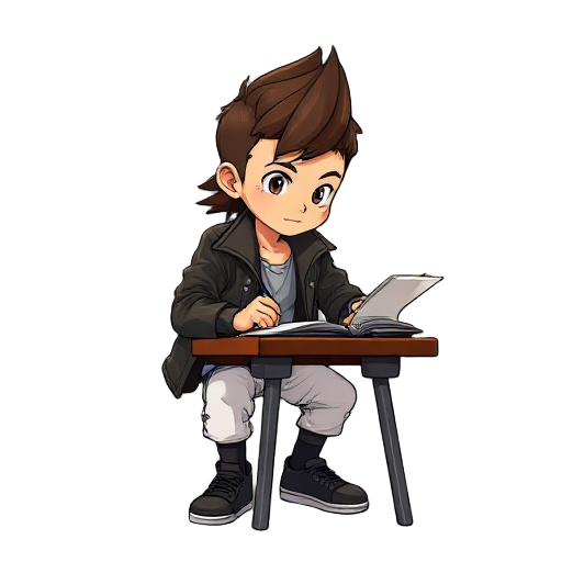 asian boy with brown hair mullet, wearing white thirt, leather jacket, sitting at table studying, flicking through pages and writing
