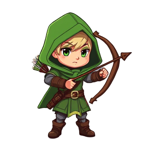 2d pixel sprite of a fantasy archer character with green hood and bow, 48x48
