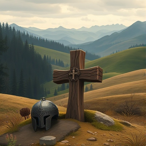 rolling hills, a forest to the left, and distant mountains. a wooden cross grave in the foreground with an iron helmet beside it. earthy colors, overcast sky, quiet atmosphere