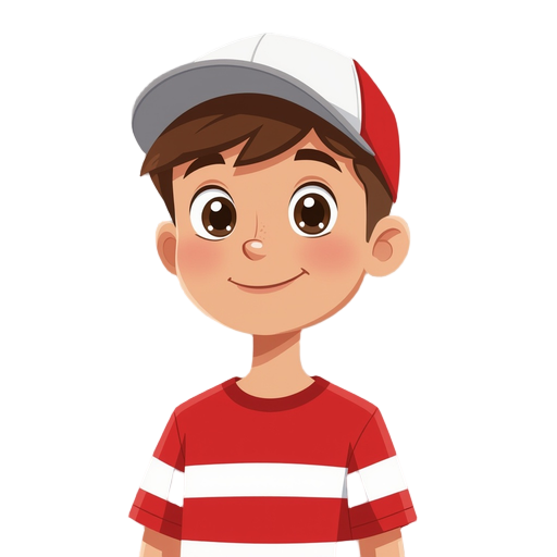 create a cheerful young boy age 7-10, the character has a simple, expressive face with big eyes and a small smile. the shirt is red with white stripe and wearing a cap backward