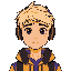 a guy with short blonde black hair, black eyes, skin a little brown,wearing yellow winter shirt with purple details, with headphones 