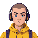 a guy with short shaved hair wearing yellow winter shirt with purple details and with headphones 