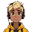 a guy with short blonde hair, black eyes, skin a little brown,wearing yellow winter shirt with purple details, with headphones 